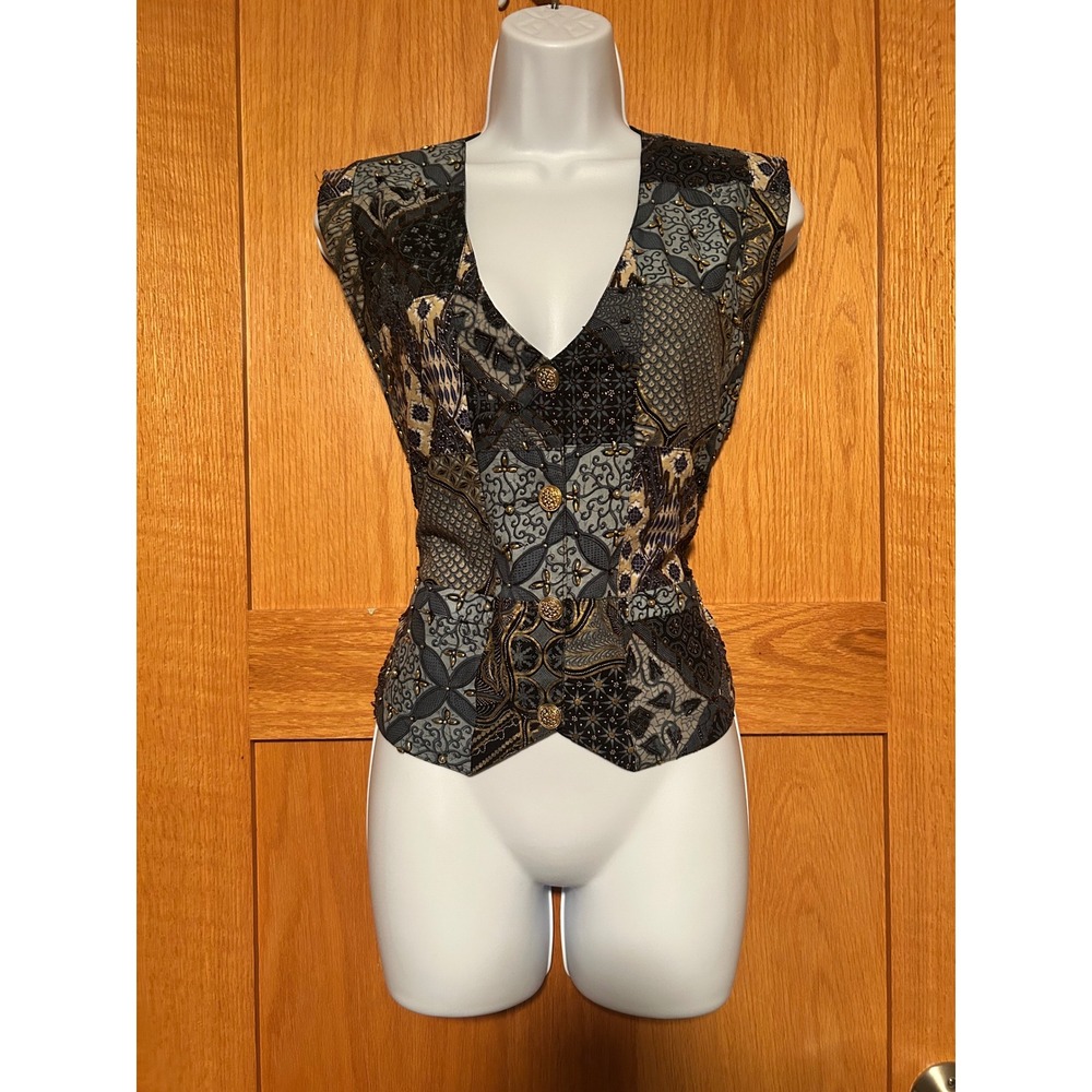 Effeci Vintage Batik Patchwork Beaded Vest Blue Gold Cotton Boho Tie Back Small